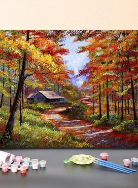 数字油画diy填充手工多彩的秋天森林风景画填色彩绘涂色油彩画画