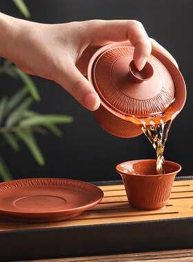 章潞莹潮州手拉薄胎跳纹盖碗原矿朱泥鸡蛋黄三才盖碗茶杯功夫茶具