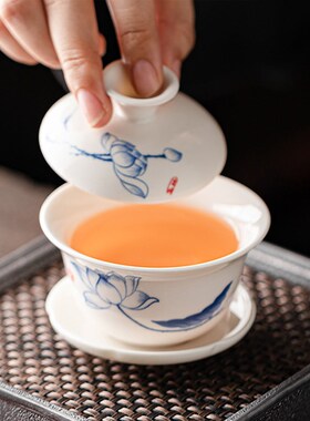 白瓷盖碗单个功夫茶碗带盖三才茶杯德化陶瓷家用纯手工青花泡茶具