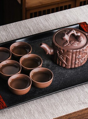 紫砂壶大容量宽口三友壶朱泥手工浮雕茶壶泡茶器功夫茶具茶杯套装