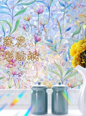 炫彩蓝莲花玻璃贴膜透光不透明卫生间防隐私窗户装饰镭射彩虹贴纸