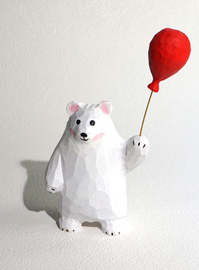 手工木雕白熊杏鲍菇公仔举气球卡通可爱治愈系桌面装饰品小摆件