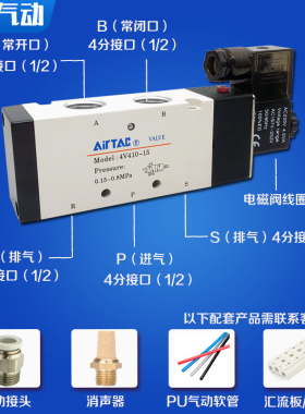 气动电磁阀4V410-15 24V二位五通气缸换向阀电磁控制阀换气阀220V