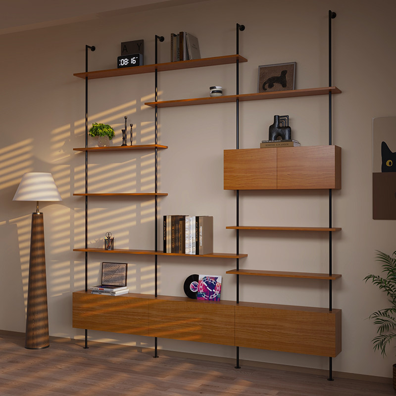 意式极简书架隔板展示架中古风客厅陈列铁艺置物架一体式靠墙书柜