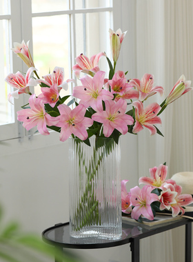 3D手感仿真百合花家居客厅餐桌摆件假花绢花装饰插花拍照道具花束