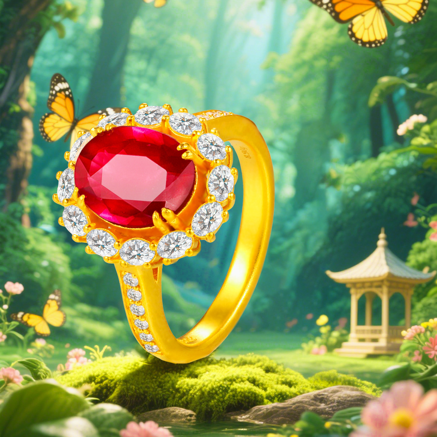 De Share Lilac Jewelry Gold Ring Women's Pure Gold 999 Ring Inlaid Ring Crimson Rising Sun Original
