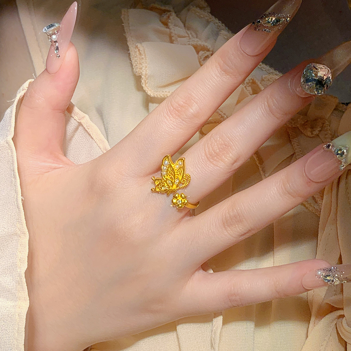 De Share Lilac jewelry gold ring women's pure gold 999 inlaid ring butterfly fluttering Chinese Valentine's Day gift