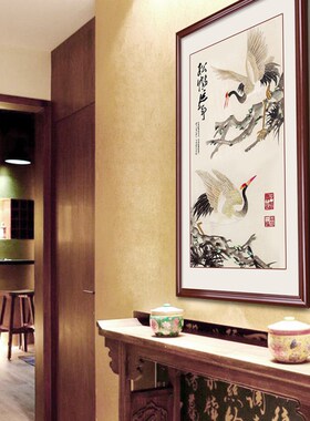 松鹤延年挂画中式玄关装饰画竖幅走廊过道壁画书房画实木有框国画