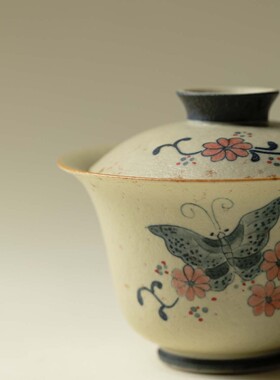 束刻青花火石红手工粗陶二才盖碗高档手绘蝴蝶泡茶碗蝴蝶沏茶碗