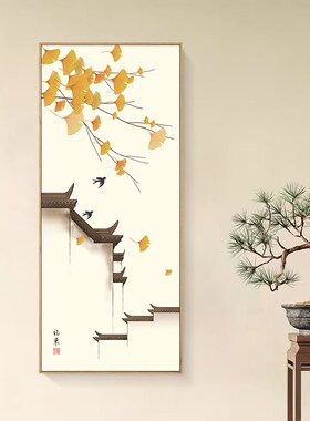 新中式福来暖居玄关装饰画原木风入户桃花银杏走廊寓意禅意壁画
