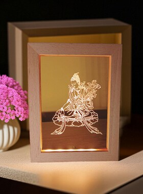 精雕佛陀观世音菩萨发光摆件USBLED实木夜灯展灯六字箴言般若心经