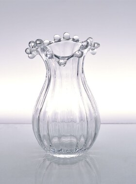 荷叶绿卷边波浪花水滴口手工透明彩色玻璃花瓶小口大肚插花器摆件