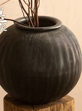 粗陶花器月亮罐景德镇陶瓷瓶禅意装饰品雕刻新中式干花水插花花瓶