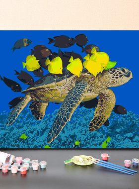 数字油画diy填充海洋动物海龟解闷手工填色大海风景装饰油彩画画