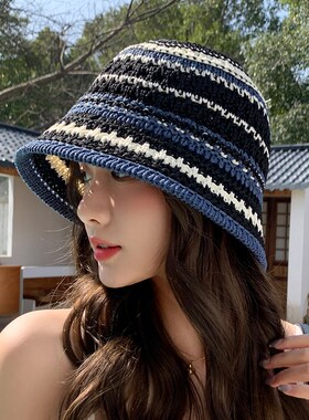 民族风彩色针织镂空透气渔夫帽女夏季户外显脸小草编水桶帽女凉帽