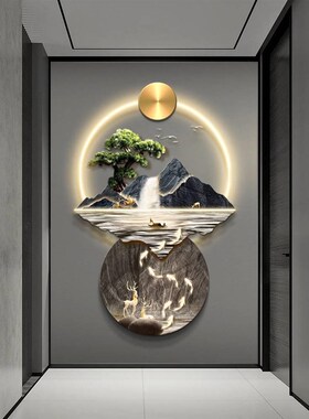 流水生财玄关装饰画新中式山水入户对门壁画灯画客厅走廊过道挂画
