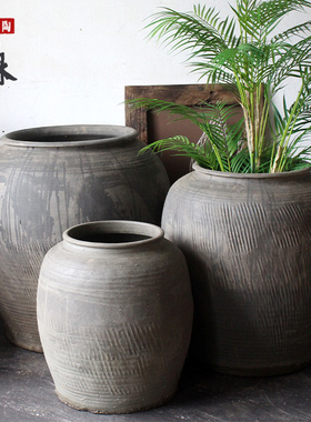 山东制造复古怀旧粗陶花器 大号落地仿古陶缸 老式无孔陶花盆