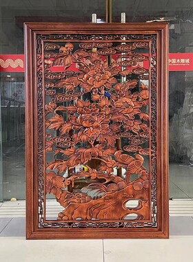 东阳木雕挂件中式玄关壁挂麒麟花窗竖屏实木香樟雕刻工艺品装饰画