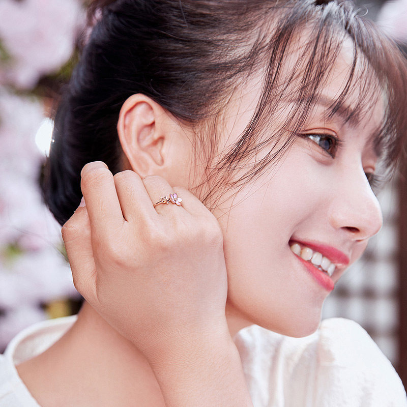 Saturday blessing 18K gold ring for women Sakura rose gold au750 little finger ring tail ring colorful gold many sweet holiday gifts