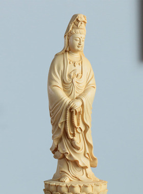 北美桧木雕刻家居饰品摆件佛像中式实木工艺文化装饰拿珠观音菩萨