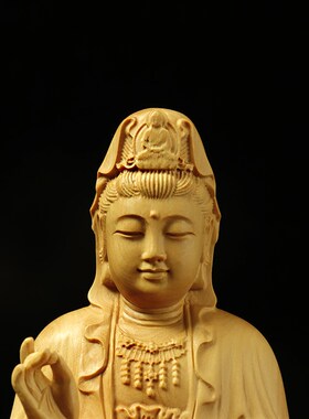 黄杨木雕木质坐莲净瓶兰花指观音菩萨佛像居家汽车装饰雕刻摆件