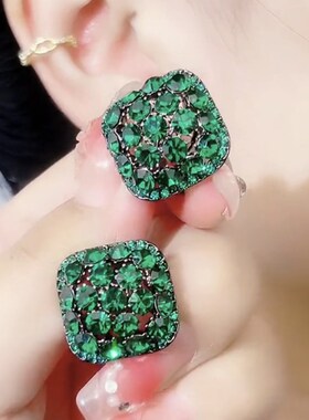 新款高级感绿水晶菱形耳环耳扣女时尚设计感显白气U质百搭爆款耳