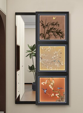 中古风玄关挂画全身镜装饰画暗藏式可关闭隐形推拉穿衣镜发光壁画