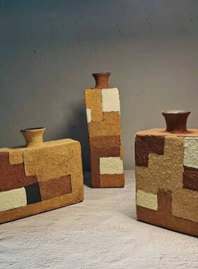 花瓶花盆岩石系列插花多肉粗陶定制旭哥手作方形方器