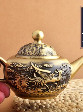 黄铜龙凤壶水滴壶仿古双龙壶工艺品摆件纯黄铜茶壶家居办公室桌面