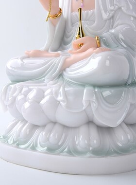 汉白玉观音菩萨家用坐莲观音佛像石雕娑婆三圣观世音摆件居家供奉