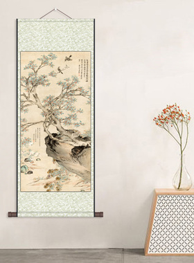 清郎世宁聚瑞图仿古花鸟画花瓶卷轴画明沈周中秋丹桂图丝绸礼品画