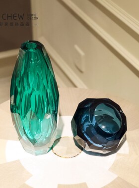 北欧水晶切面创意艺术蓝绿色干花瓶餐桌面摆件酒店样板房展厅饰品