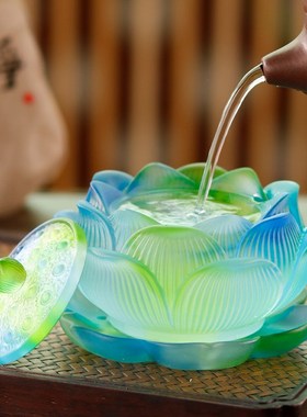 古法琉璃莲花纹圣水杯供奉套装花瓶果碟香炉烛台客厅桌面装饰红色