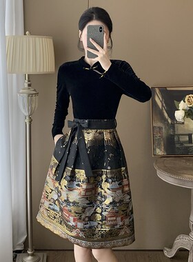 新中式国风旗袍连衣裙女秋冬高级感假两件拼接刺绣提花汉服马面裙