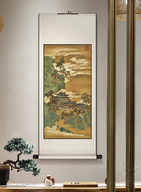 仙山楼阁图复古中式卷轴挂画竖版玄关装饰画客厅餐厅书房过道壁画