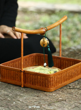 日式筇竹手提筐手工竹编点心篮家用方形提篮茶点盘仿古茶具收纳筐