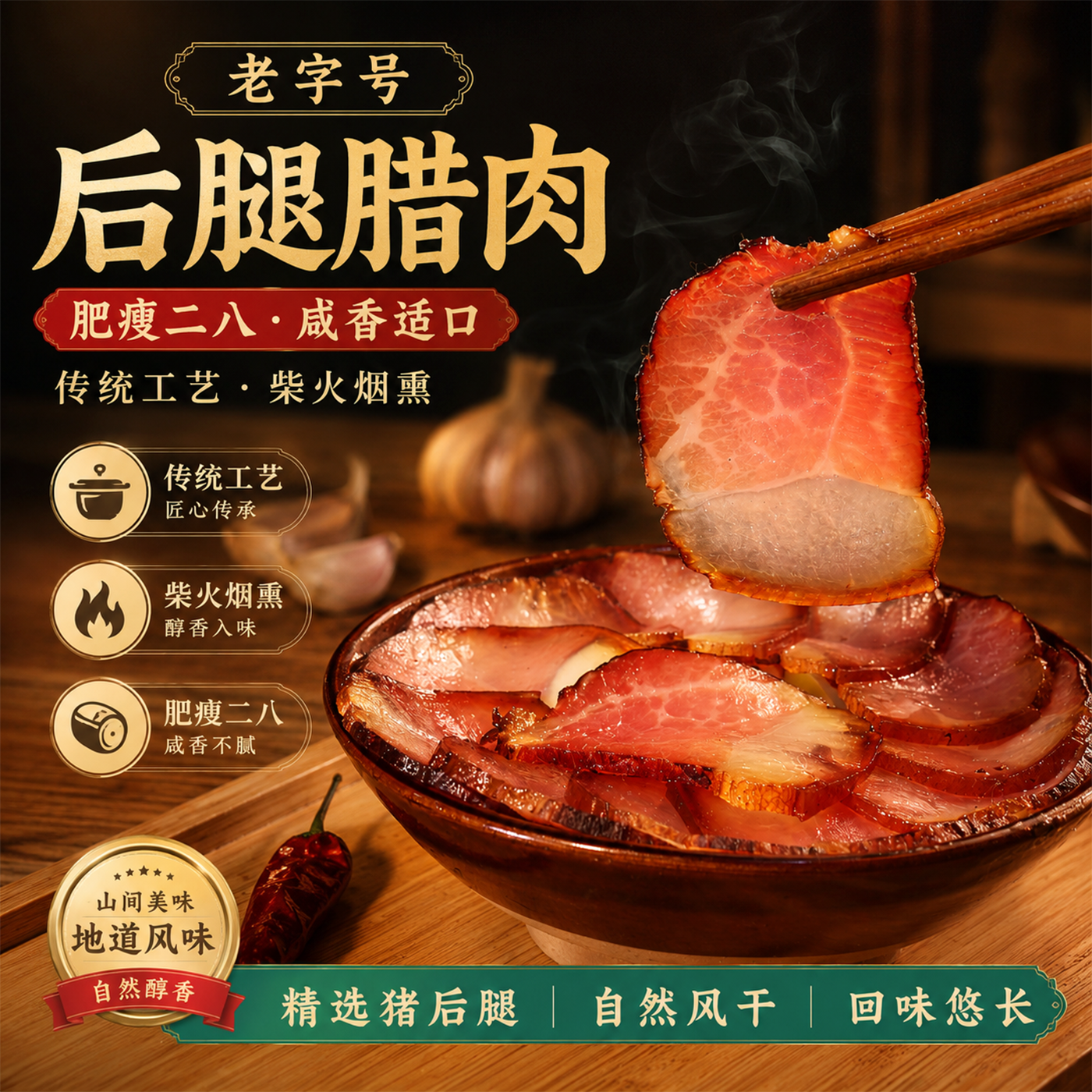 腊肉烟熏腊肉精选猪后腿肥瘦腊肉肉质紧实咸香适口正宗四川特产