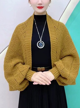 优质版秋冬新款时尚方格镂空披肩气质百搭保暖外搭洋气针织开衫LH