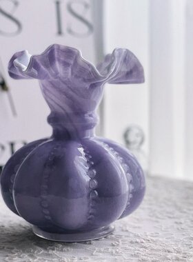 中古芬顿花边典雅紫色纯手工玻璃瓜形花瓶水养插花器家居装饰摆件