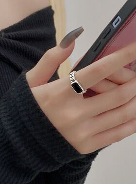 黑石链条食指戒指女小众设计时尚