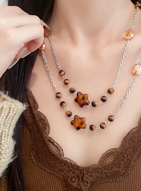 亚克力串珠椭圆形星星长款可调节项链复古美拉德风锁骨链百搭项饰