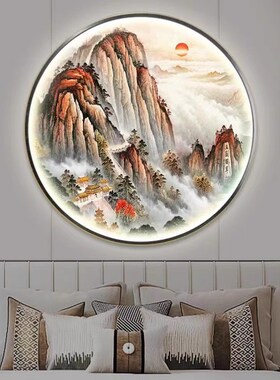 带灯鸿运当头茶室玄关装饰画灯光画新中式客厅壁灯办公室山水挂画