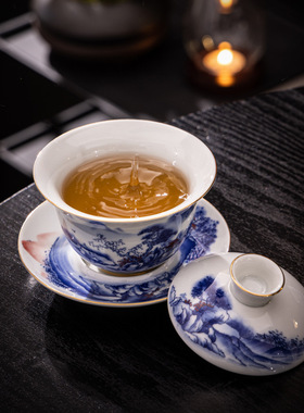 陶瓷青花仿古大号盖碗茶具