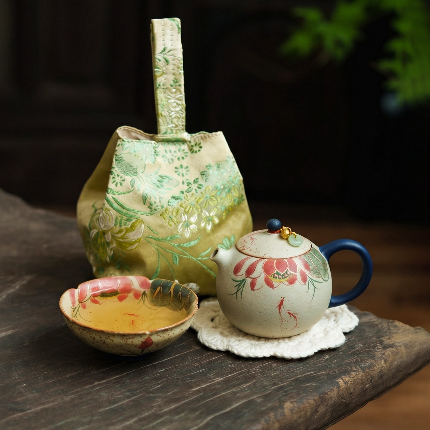 Manufacturer blue and white flint red travel tea set for one person to drink hand-painted koi and lotus ceramic outdoor portable quick cup