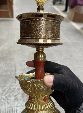 慧宝手摇转轮桌面静音顺滑黄铜转金桶六字观音檀木手柄装饰摆件