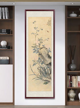 国画兰石图仿古字画玄关装饰画新中式客厅茶室背景墙风景竖款壁画