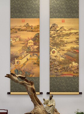 十二月令图新中式丝绸卷轴挂画书房茶室复古装饰画餐厅玄关墙壁画