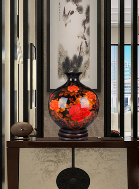 景德镇陶瓷器花瓶摆件黑色插花中式家居客厅装饰品工艺品瓷瓶摆设