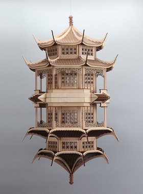新中式创意古建筑镜像倒影八角塔样板房间售楼处酒店软装饰品摆件