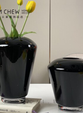 轻奢北欧黑色玻璃花瓶加厚水培插花样板间售楼处客厅餐桌家居饰品